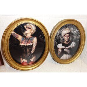 Vintage Two Gold Oval Frames with Gothic Pinup Girl Photos Vampire Look tattooed